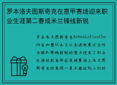罗本洛夫图斯奇克在意甲赛场迎来职业生涯第二春成米兰锋线新锐